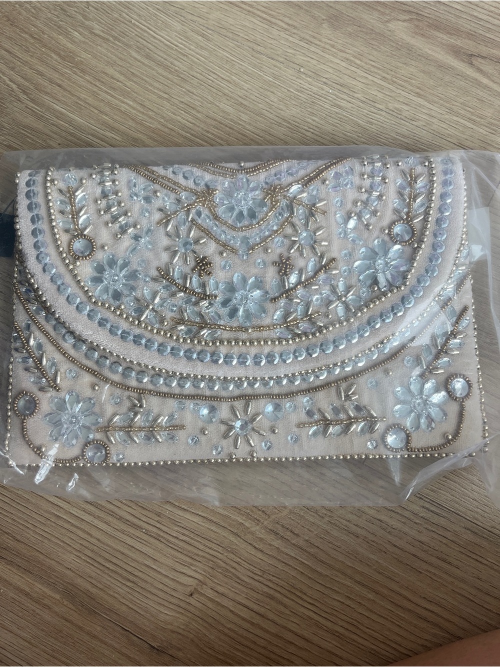 Embellished Beaded Clutch in Ivory with Gold Accents